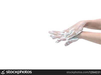 Woman washing hand with soap foam and water. Hand clean for good personal hygiene to prevent coronavirus or flu epidemic.Procedure of hand wash to kill germs, virus, bacteria. Cleaning dirty hands.