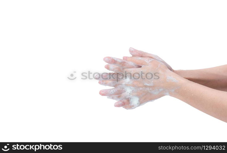 Woman washing hand with soap foam and water. Hand clean for good personal hygiene to prevent coronavirus or flu epidemic.Procedure of hand wash to kill germs, virus, bacteria. Cleaning dirty hands.