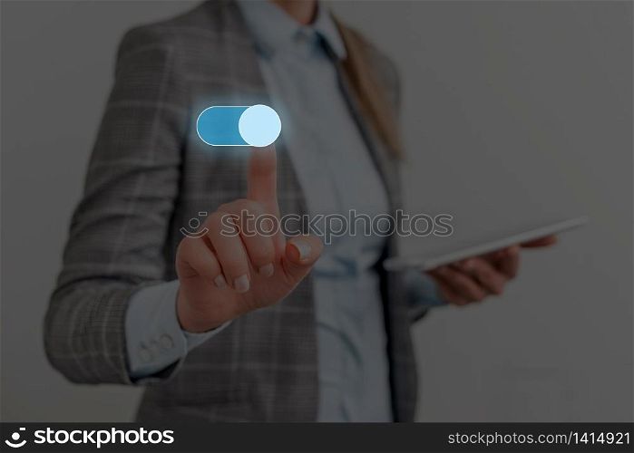 Woman wear formal work suit presenting presentation using smart device. Female human presenting a presentation using the latest sophisticated devices. Woman wear formal working suit introducing how smart gadget works. photo of modern life.