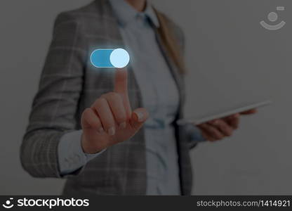 Woman wear formal work suit presenting presentation using smart device. Female human presenting a presentation using the latest sophisticated devices. Woman wear formal working suit introducing how smart gadget works. photo of modern life.