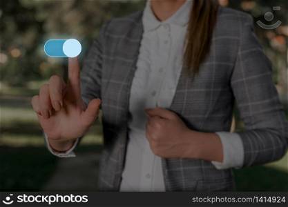 Woman wear formal work suit presenting presentation using smart device. Female human presenting a presentation using the latest sophisticated devices. Woman wear formal working suit introducing how smart gadget works. photo of modern life.