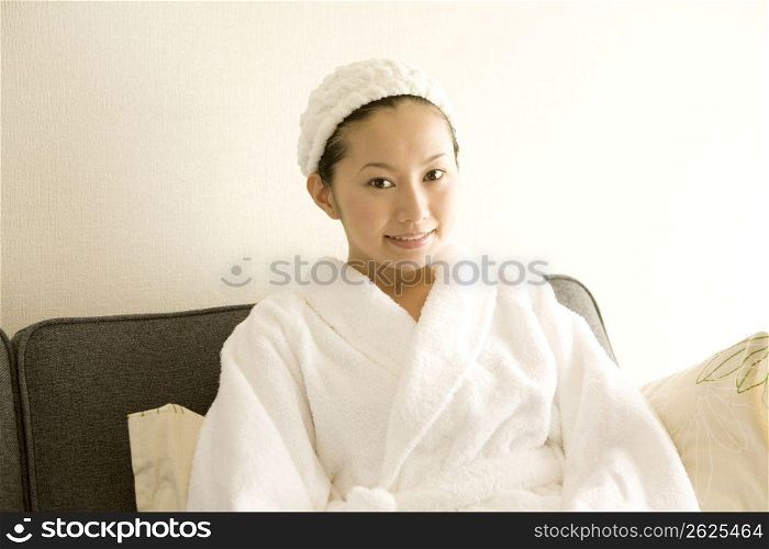Woman wearing a bathrobe