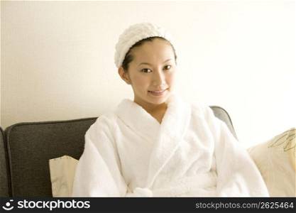 Woman wearing a bathrobe