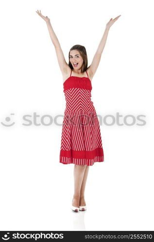 Woman wearing a red dress in a studio