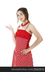 Woman wearing a red dress in a studio
