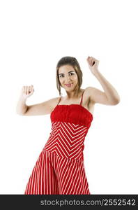 Woman wearing a red dress in a studio