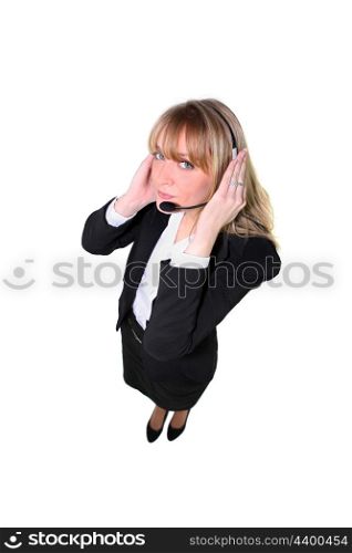 Woman wearing a telephone headset