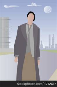 Woman wearing an overcoat standing in a city