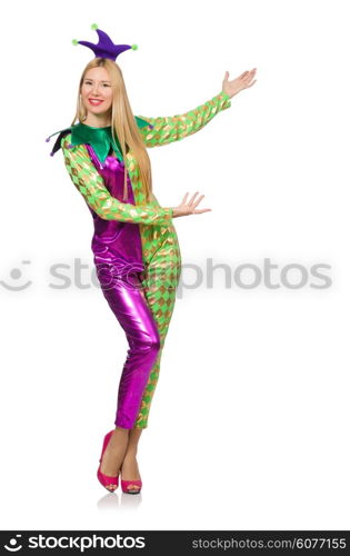 Woman wearing clown costume isolated on white