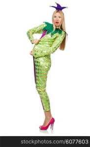Woman wearing clown costume isolated on white