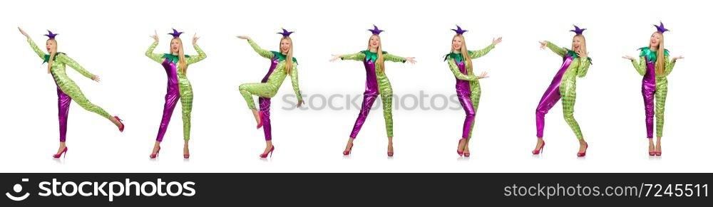 Woman wearing clown costume isolated on white. The woman wearing clown costume isolated on white