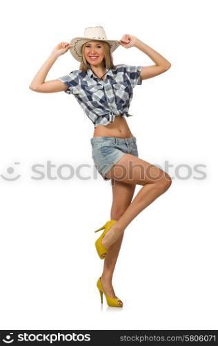 Woman wearing cowboy hat isolated on white