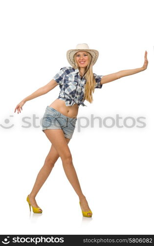 Woman wearing cowboy hat isolated on white