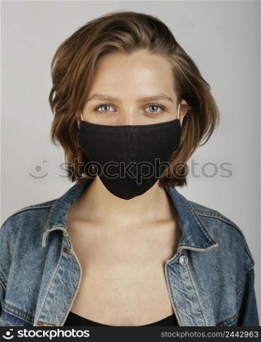 woman wearing denim jacket mask 3