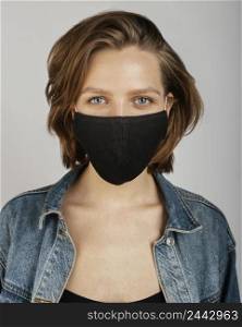 woman wearing denim jacket mask 3