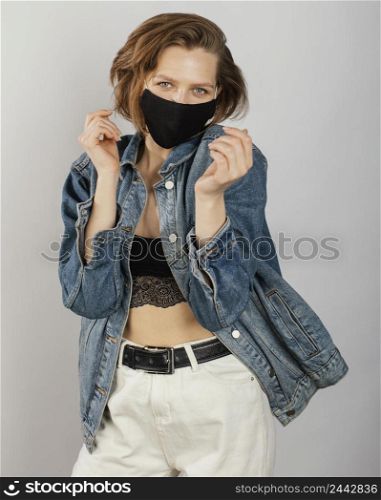 woman wearing denim jacket mask 5