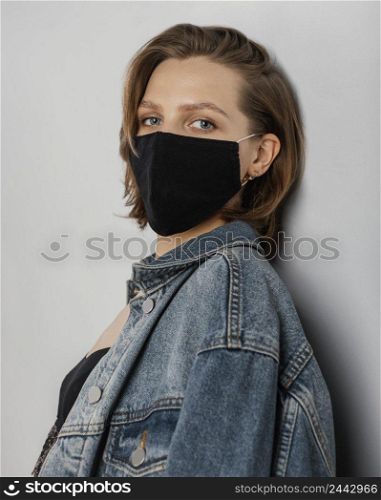 woman wearing denim jacket mask 6