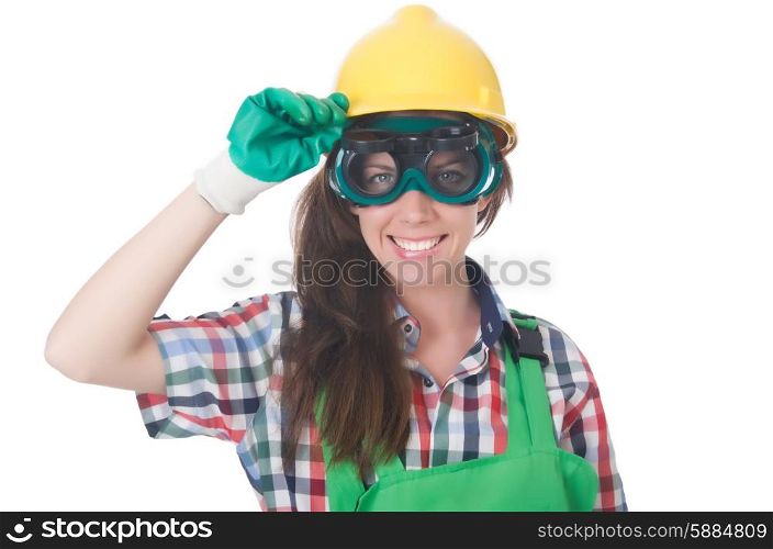 Woman wearing goggles in safety concept