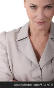 Woman wearing gray suit