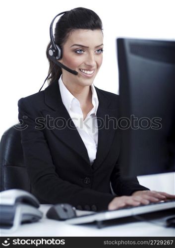 Woman wearing headset in computer room at her cabin over white background