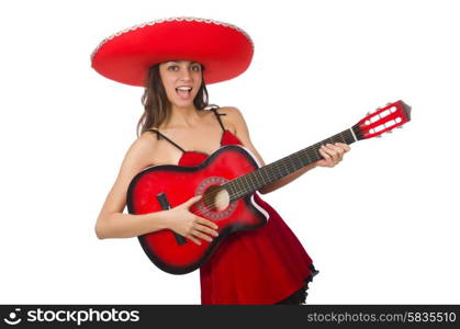 Woman wearing red sombrero isolated on white