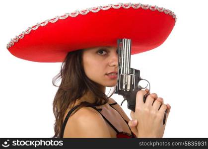 Woman wearing red sombrero isolated on white