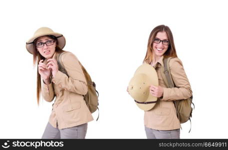 Woman wearing safari hat on white