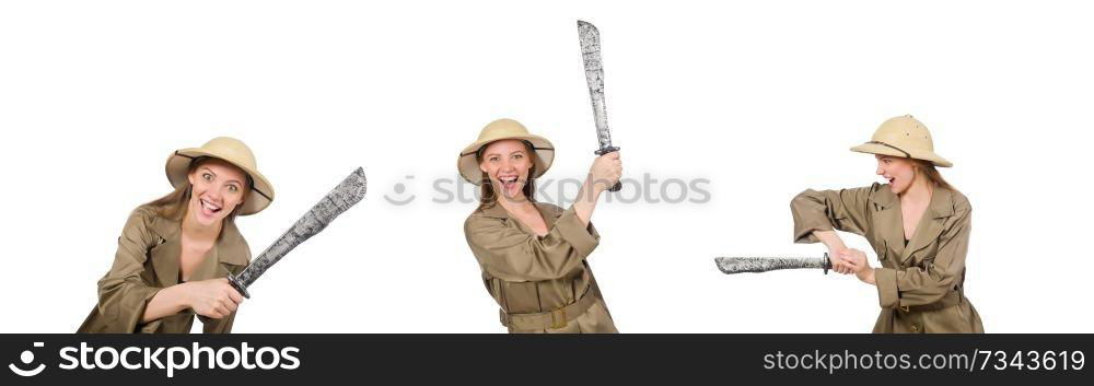 Woman wearing safari hat on white