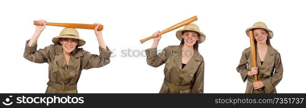 Woman wearing safari hat on white