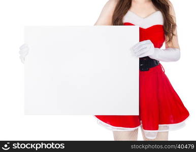 woman wearing santa claus clothes with blank sign isolated on white background