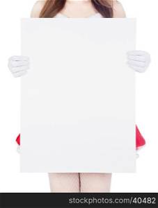 woman wearing santa claus clothes with blank sign isolated on white background