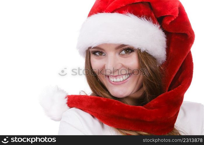 Woman wearing santa claus hat free and happy laughing. Smiling joyful girl having fun. Christmas time. Studio shot on white. Woman in santa claus hat free and happy