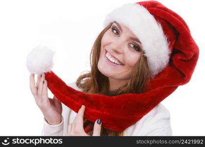 Woman wearing santa claus hat free and happy laughing. Smiling joyful girl having fun. Christmas time. Studio shot on white. Woman in santa claus hat free and happy