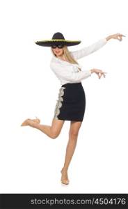 Woman wearing sombrero isolated on white