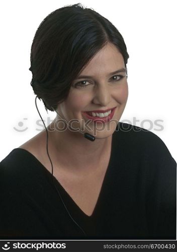 woman wearing telephonists earpiece.