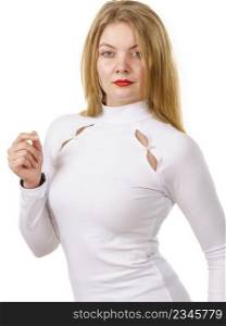 Woman wearing tight white top with long sleeve. Fashion, clothing style concept.. Woman wearing white tight top