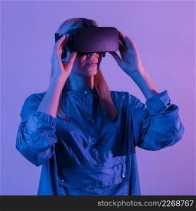 woman wearing virtual reality gadget