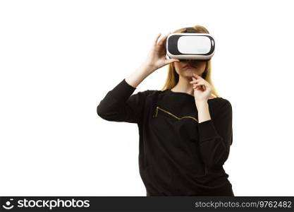 Woman wearing virtual reality goggles headset, vr box. Connection, technology, new generation and progress concept.. Woman wearing VR goggles