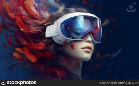 Woman wearing VR headset for mixed reality vision. Pro device of spatial computing era. Generative ai art. Beautiful Woman wearing VR headset for mixed reality vision. Pro device of spatial computing era. Generative ai