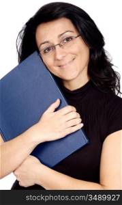 Woman whit book and glasses a over white background