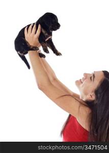 Woman whit her dog a over white background