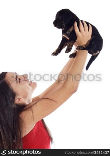 Woman whit her dog a over white background