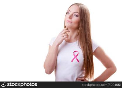 Woman wih pink cancer ribbon on chest. Healthcare, medicine and breast cancer awareness concept, isolated on white. Woman wih pink cancer ribbon on chest