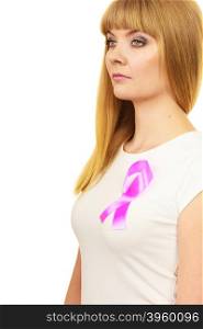 Woman wih pink cancer ribbon on chest. Healthcare, medicine and breast cancer awareness concept.