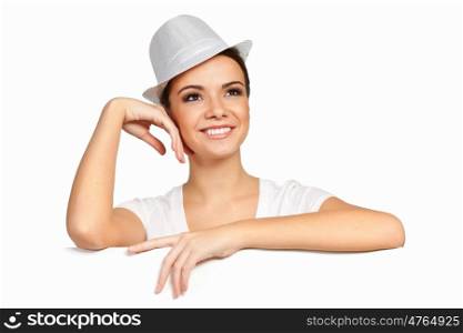 Woman with a blank billboard. Young pretty woman holding a blank white billboard