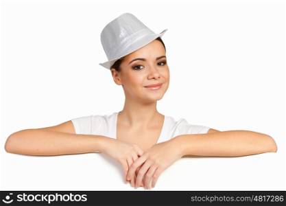 Woman with a blank billboard. Young pretty woman holding a blank white billboard