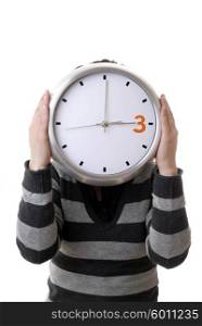 woman with a clock covering her head