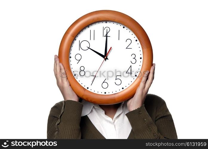 woman with a clock covering her head