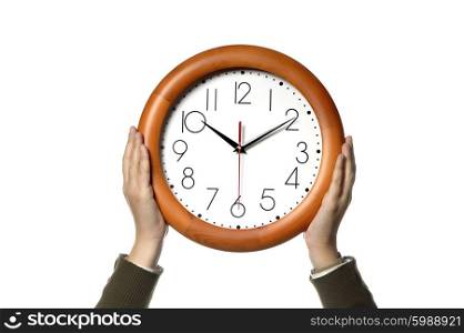 woman with a clock isolated in white background