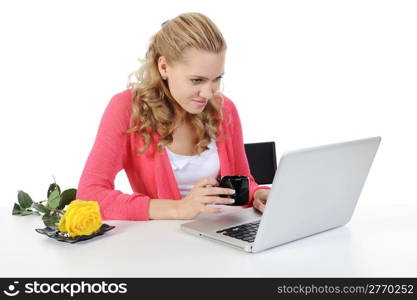 woman with a cup of coffee. Isolated on white background